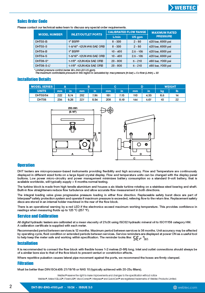 Webtec DHT04-B Digital Hydraulic Test Unit 1" BSP Ports 10-400 L/min