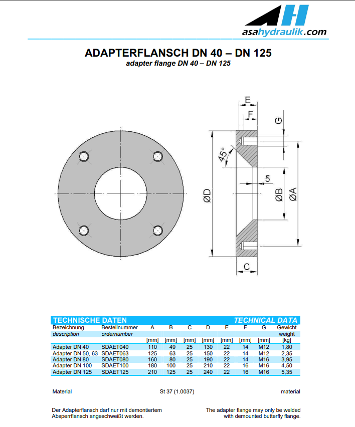 ASA SDAET100  Weldable Adapter Flange DN 100